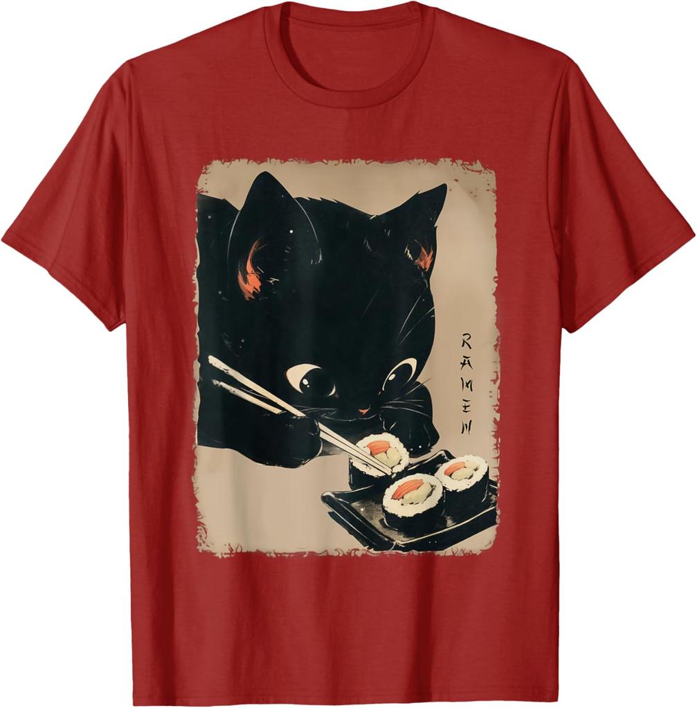 Kawaii Cat Eating Sushi Funny Japanese Anime Cute Cat Girls TShirt