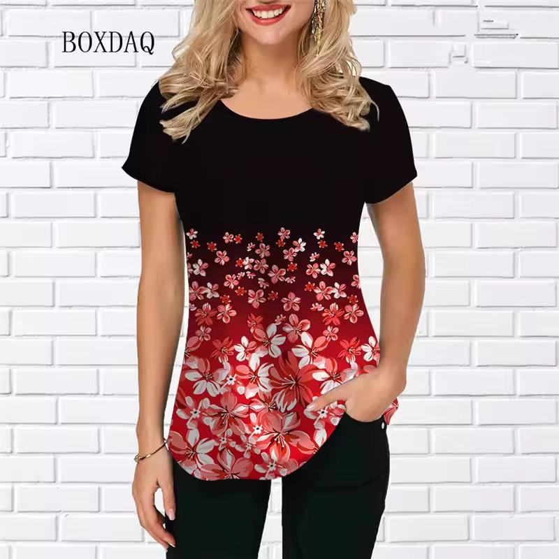 Květinová dámská trička Letní krátký rukáv Kulatý výstřih Ležérní dámské tričko Květinový 3D potisk Streetwear Dámské topy Trička Oversized