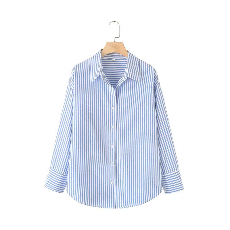 Jnleaog New Fall Women's Clothing Fashion French Style Design Fashion All-Match Casual Style Stripes Poplin Shirt