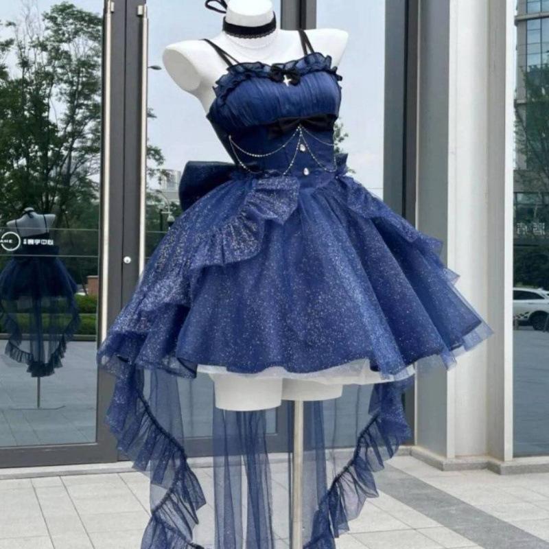 Yaz Fransız Modası Belden Oturan Parıltılı Kuyruklu Elbise Kısa Etek Kadın