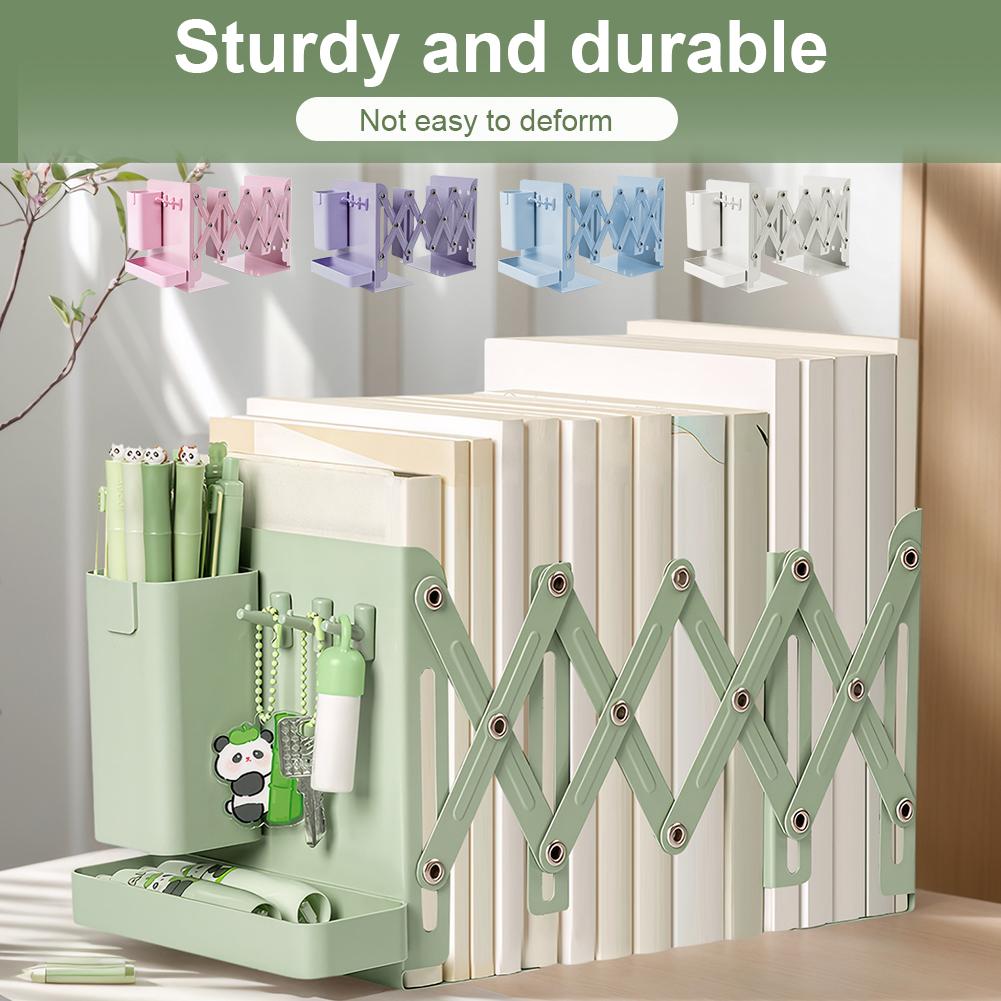 Retractable Desktop Bookstand with Basket & Hook Modern Metal Book Holder Vertical File Sorter Rack Office Accessories
