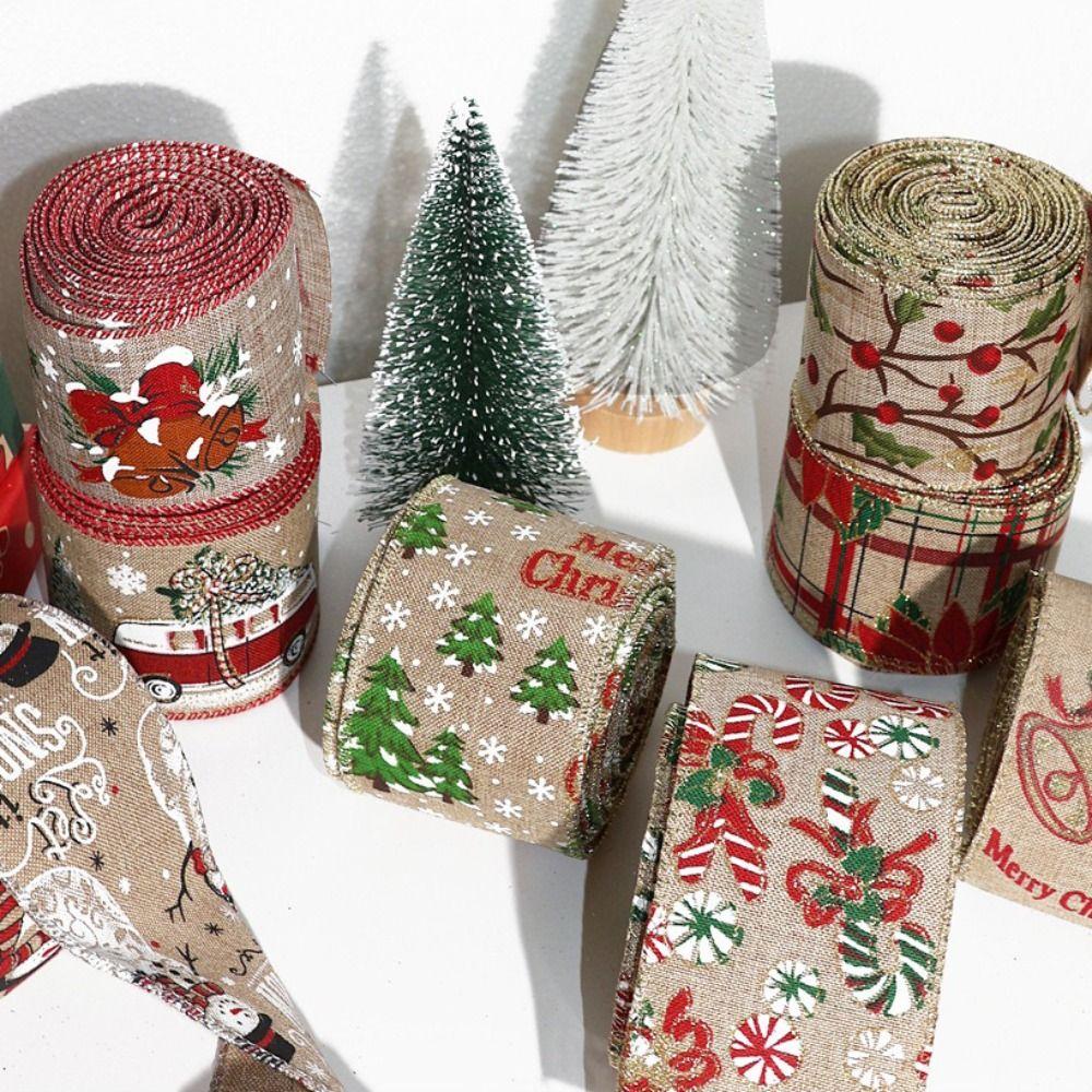 Printed Design Linen Christmas Ribbon Snowflake Print Red Green Wire Edge Ribbon 5M Roll Linen Ribbon DIY Crafts