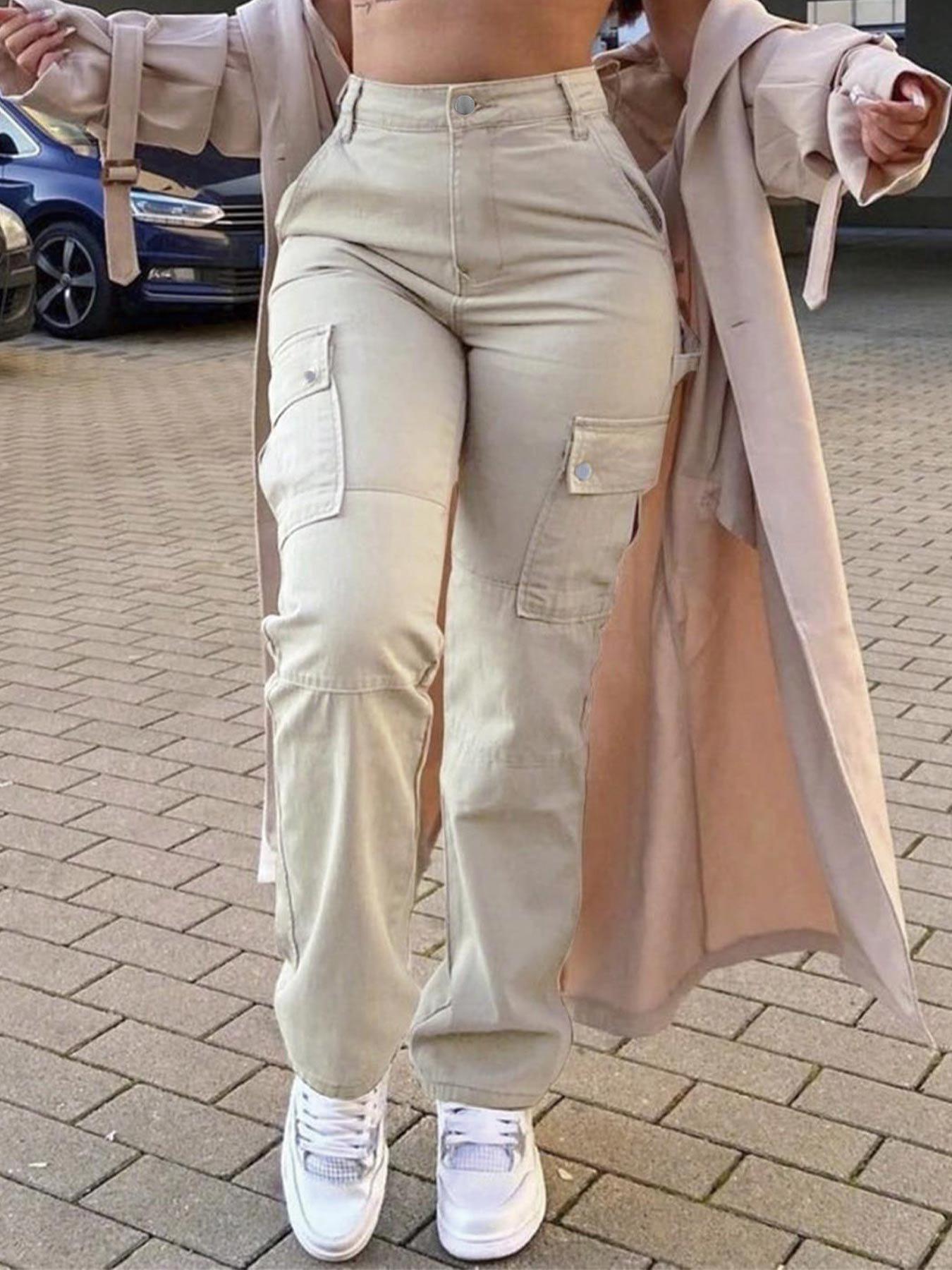 

Європейські та американські ретро жіночі повсякденні штани з багатьма кишенями прямого крою - Колекція Весна/Літо 8069 XS брудно-білий