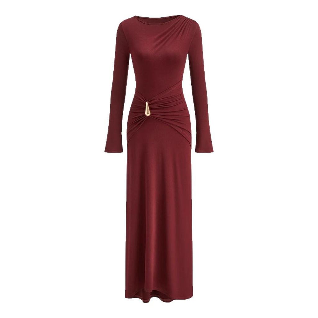 2025 Wine Red Slim Fit Knitted Long Dress with Metal Accents