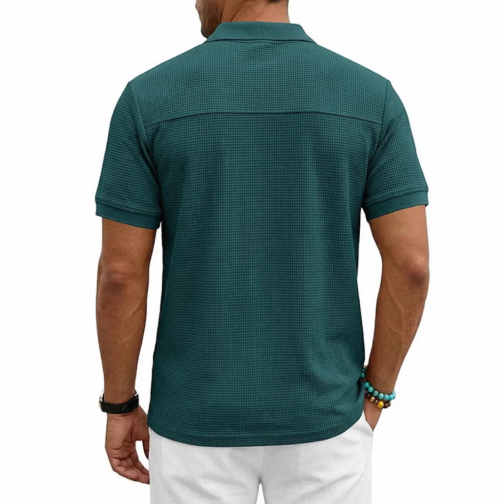 Men's Breathable Waffle Knit Polo Shirt Short Sleeve Button Placket Chest Pocket Loose Fit Summer Tops