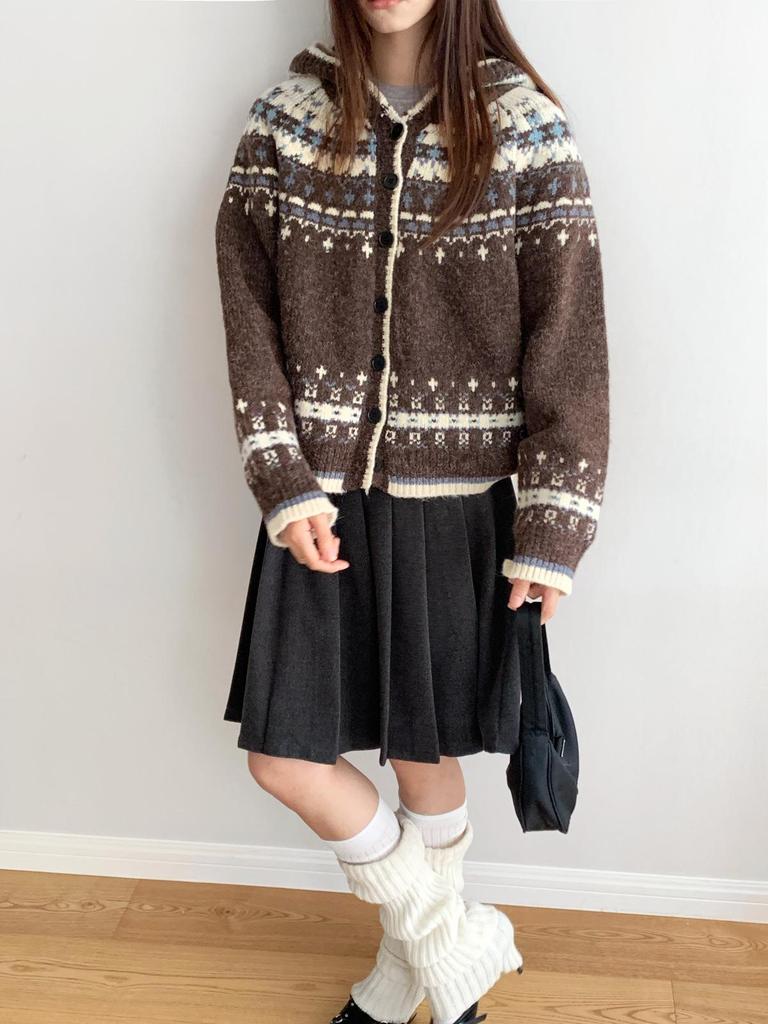 Dorothy Fair Isle Retro Pletený kardigan s kapucí - Dámský zesílený svetr ke všemu