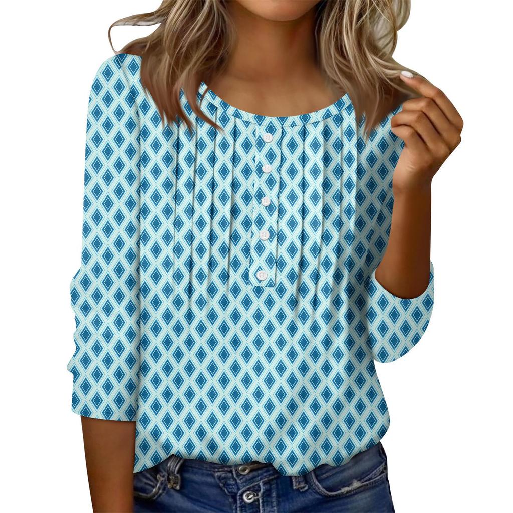 Women's Round Neck Pull Stripe Decorative Button Top Casual Solid Color 3/4 Sleeve T Shirt