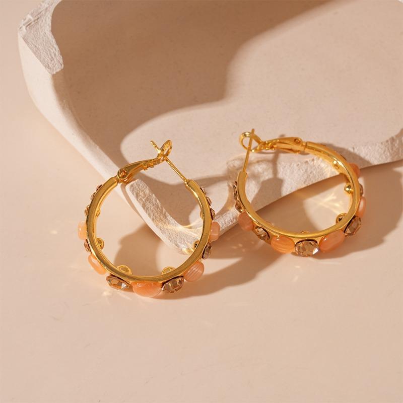 1PAIR Coffee Flash Diamond Opal Earrings Round Face Tiancai Skinny Earrings Premium Temperament Ear Buckles Earrings