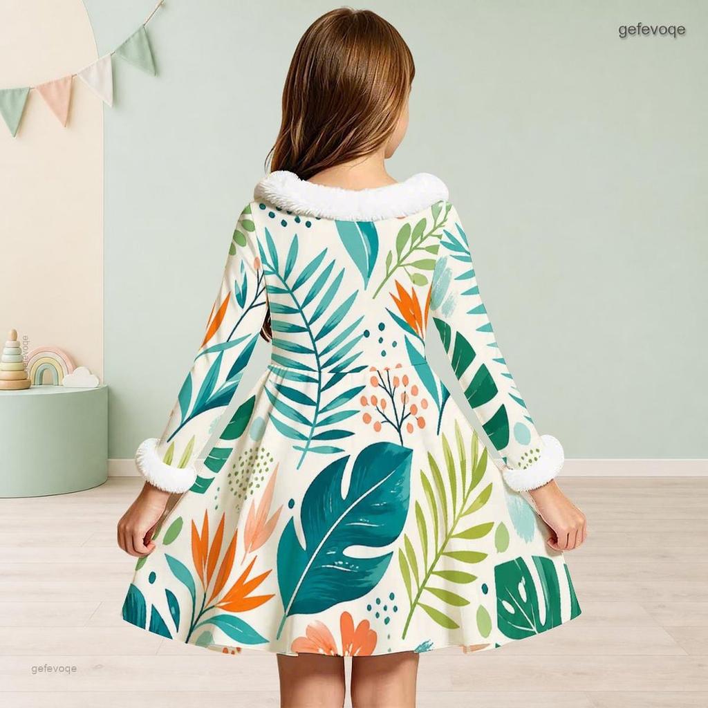 Girls High Neck Long Sleeve Avocado Printed A Line Flared Dress With Fuzzy Collar Cuffs And Bow Waist