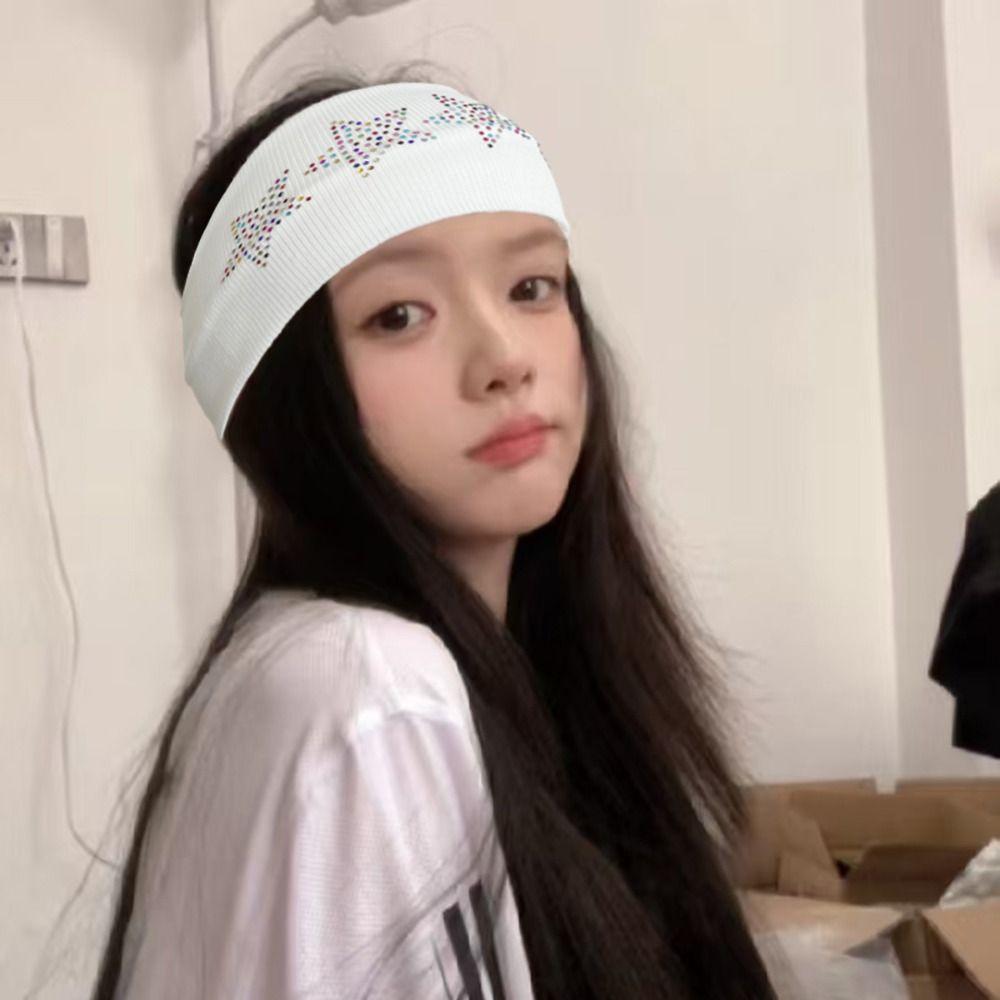 Sweat Absorbing Rhinestone Star Headband Soft Sports Hairband Elastic Headband  Women