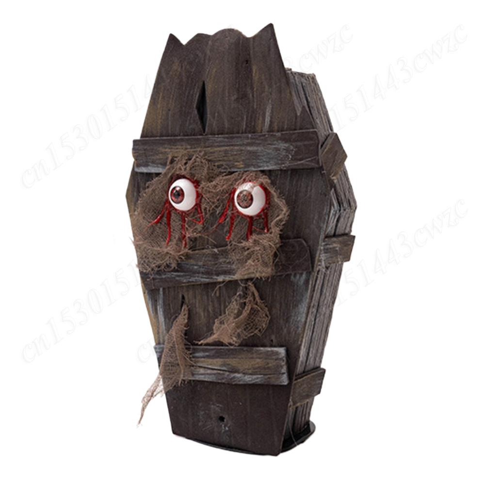 Halloween Coffin Box w/Red Eyes & Horror Sound Effect Scary Halloween Ornaments For Haunted House Home Party Decor Accessories