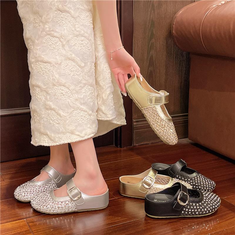 Inner Heightened Thick-soled Bag Head Half Slippers, Women's 2025 Summer Models, Outer Wear Casual One-pedal Rhinestone Fishing Net Cool Slippers