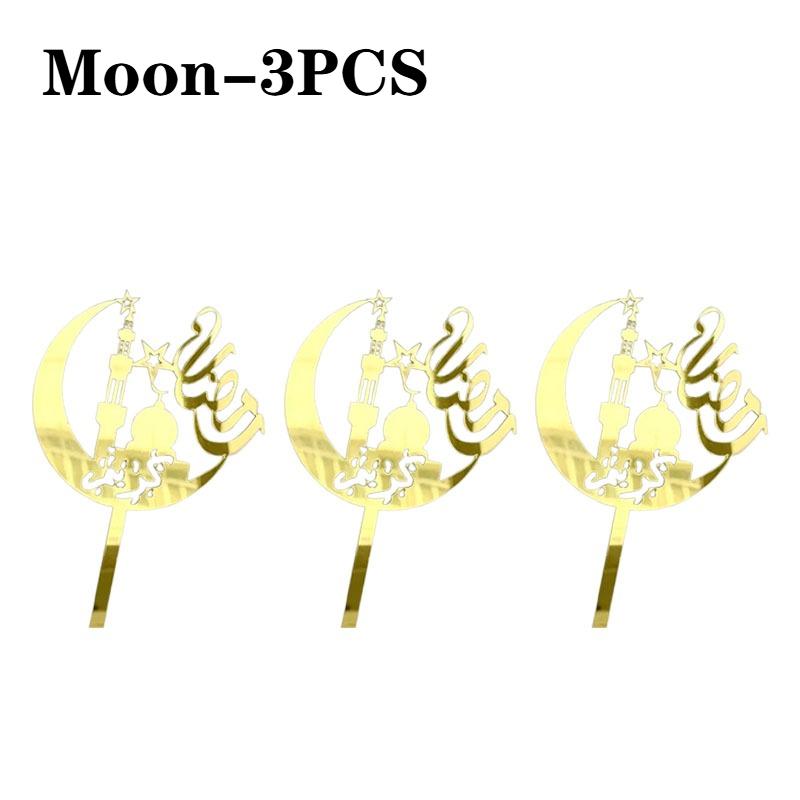 1-10PCS Eid Mubarak Golden Acrylic Cake Topper with Castle Moon Design for Ramadan Muslim Festival Party Cupcake DIY Decoration