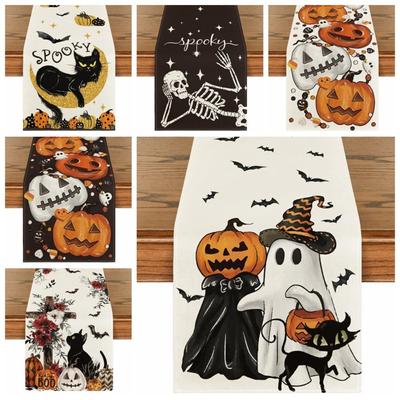 Modne Dynie Czarny Kot Halloweenowy Bieżnik na Stół Len Wysoka Jakość Dekoracja Stołu Żywy Wzór Duchów Dekoracja Domowej Imprezy