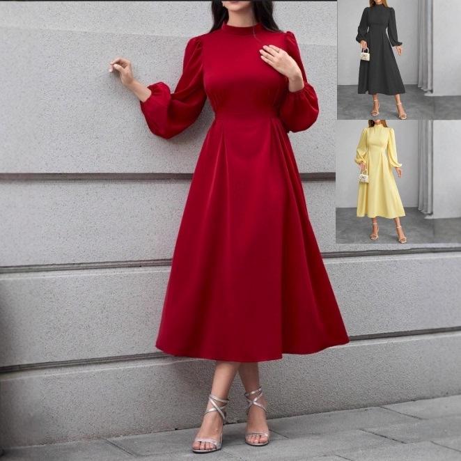 Elegantes A-Linien-Kleid mit hohem Bund, Kragen und langen Ärmeln für den frühen Herbst