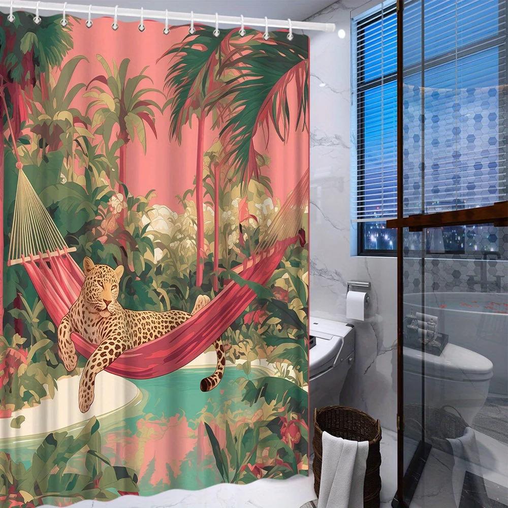 1pc Tropical Jungle Shower Curtain with Golden Leopard In Red Hammock - Vibrant Polyester Fabric 70x70 Inches, Includes 12 Hooks