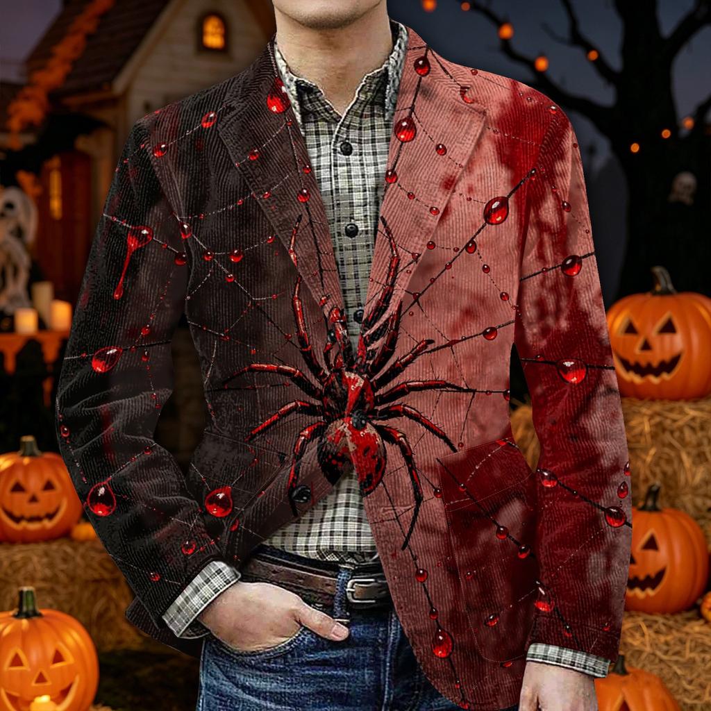 Herren Halloween Print Corduroy Warme Blazerjacke mit Taschen Lässiger Anzugmantel Knopfleiste Vorne Langarm Oberbekleidung