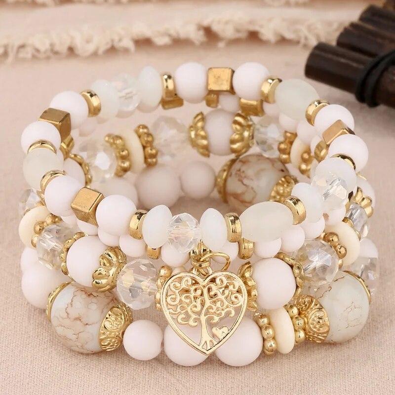Bohemian Heart Tree Charm Bead Bracelets Set New Statement Multilayered Bracelets Pendant Charm Stretch Bangles Female Jewelry