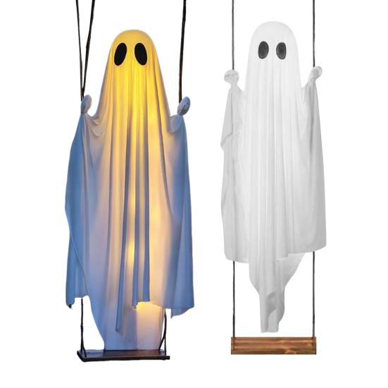 Altalena Pendente Grande 5FT Decorazione di Halloween Fantasma Altalena Esterna Illuminata a LED Fantasma Bianco per Portico Cortile Giardino Decorazione Albero