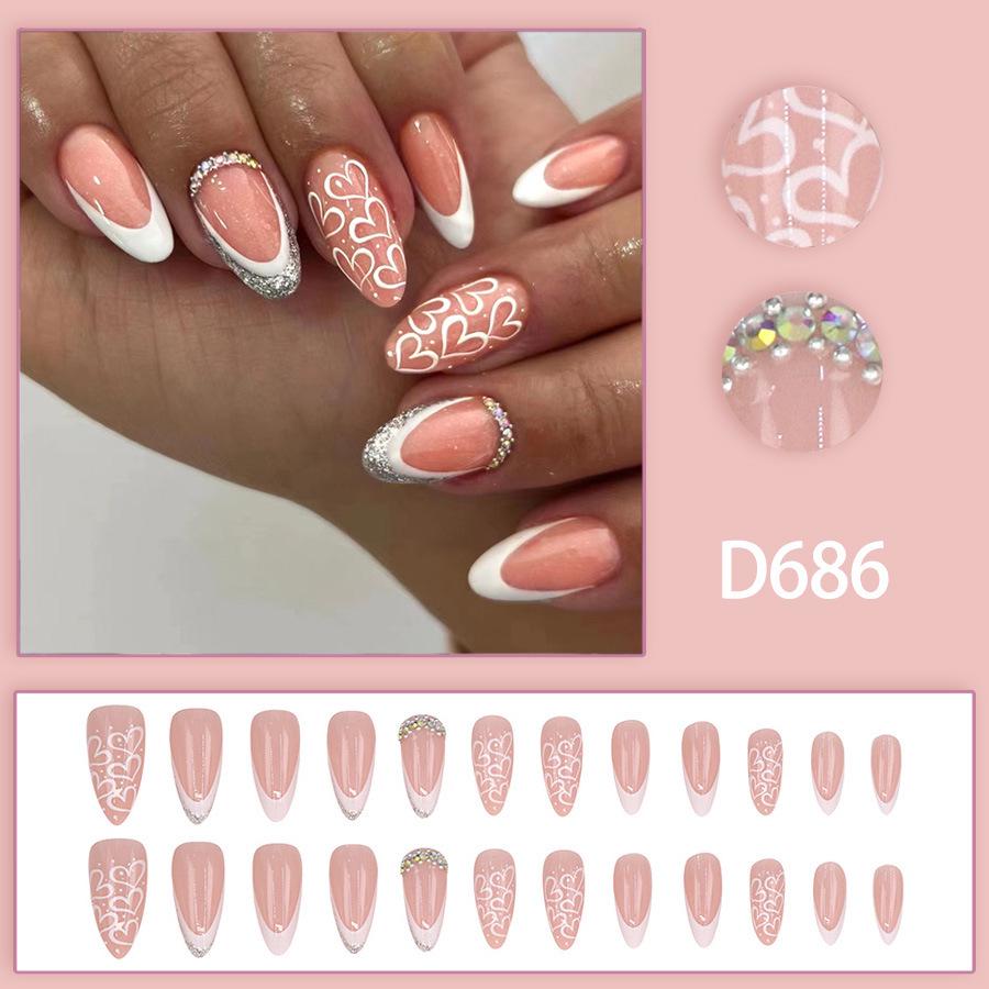 European Almond Shape White Heart-Enhancing Long Pointed Shiny Nails