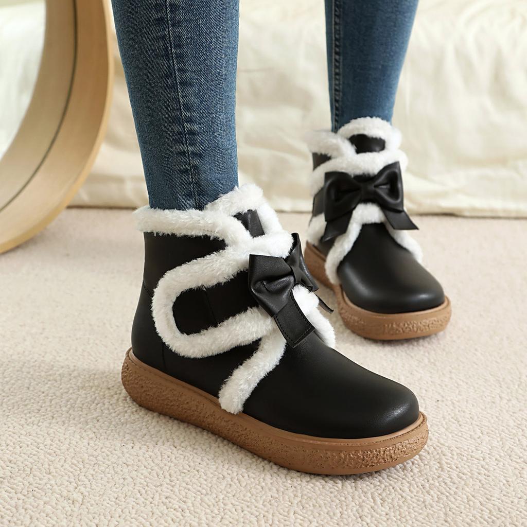 Cute Boots Women Winter Boots Lined Fashion Mid Calf Boots For Women Warm Fuzzy Boots Comfortable Womens Boots With Bowknot