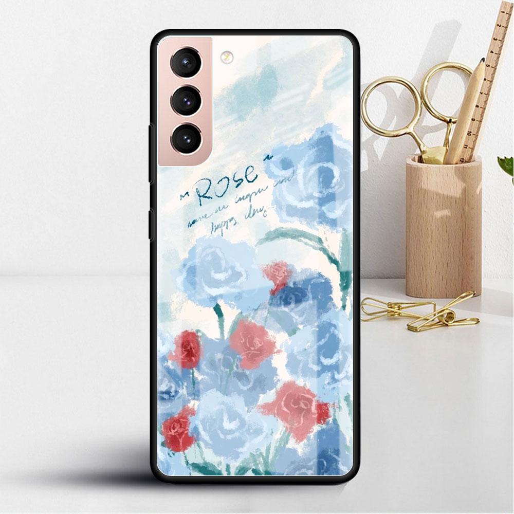 Flower Cute Glass Case For Samsung Galaxy S22 S20 FE S21 Plus Phone Cover S10 5G S9 Note 20 Ultra 10 Lite Shell