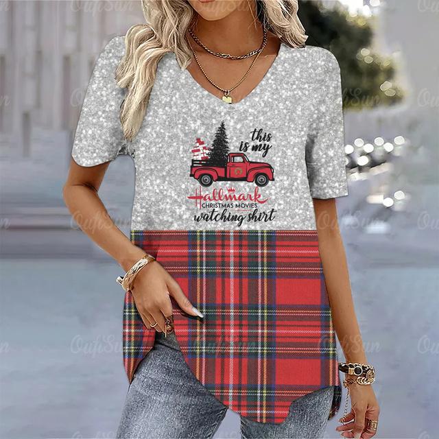 Christmas Women's T-Shirt 3d Printed Short Sleeve Tees Christmas T Shirt For Women Fashion V-Neck Top Holiday Oversized Clothing