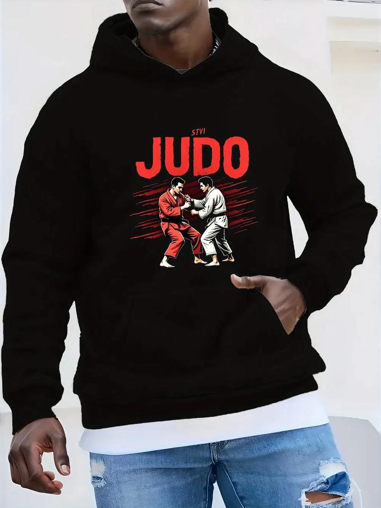 Plus Size Judo Hoodie - Casual Loose Fit with Red & White Graphic Design