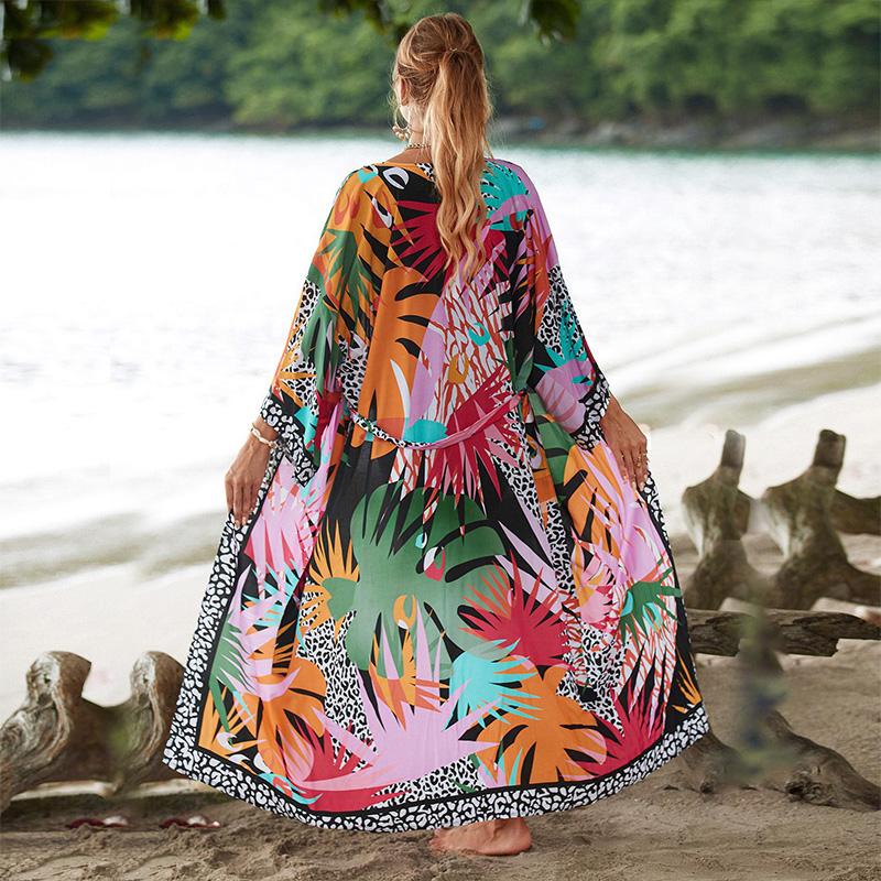 

EDOLYNSA Женский купальный костюм с цветочным принтом, кимоно, кардиган с рукавом 3/4, свободный купальник, повседневная блузка, длинное платье-халат с открытой передней частью Q1512