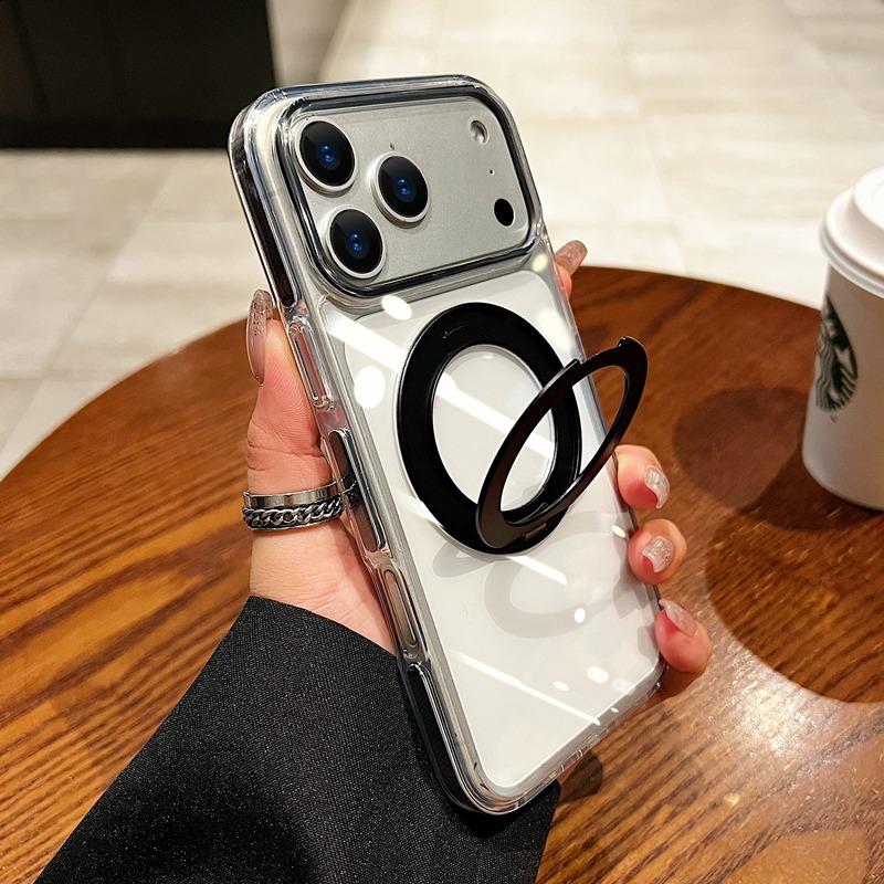 for Magsafe Rotating Bracket Transparent Acrylic Case for iPhone 17 16 Pro Max Ring Holder Stand Acrylic Shockproof Clear Cover