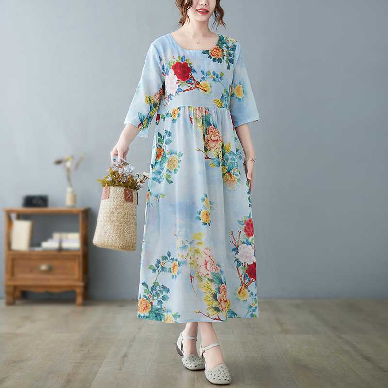 

Summer New Literary Large Size Loose Thin Round Neck Five-minute Sleeve Age Reduction Women s Dresses 2XL синій