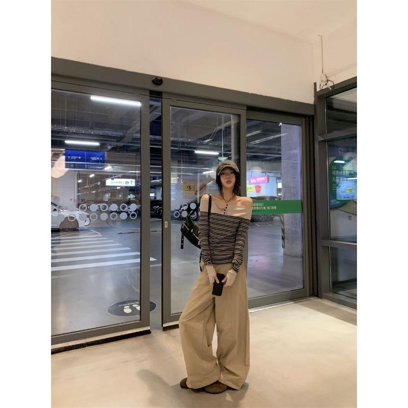 Temperament Contrast Striped Long-sleeved T-shirt for Women Spring New Slim Design One-shoulder Top
