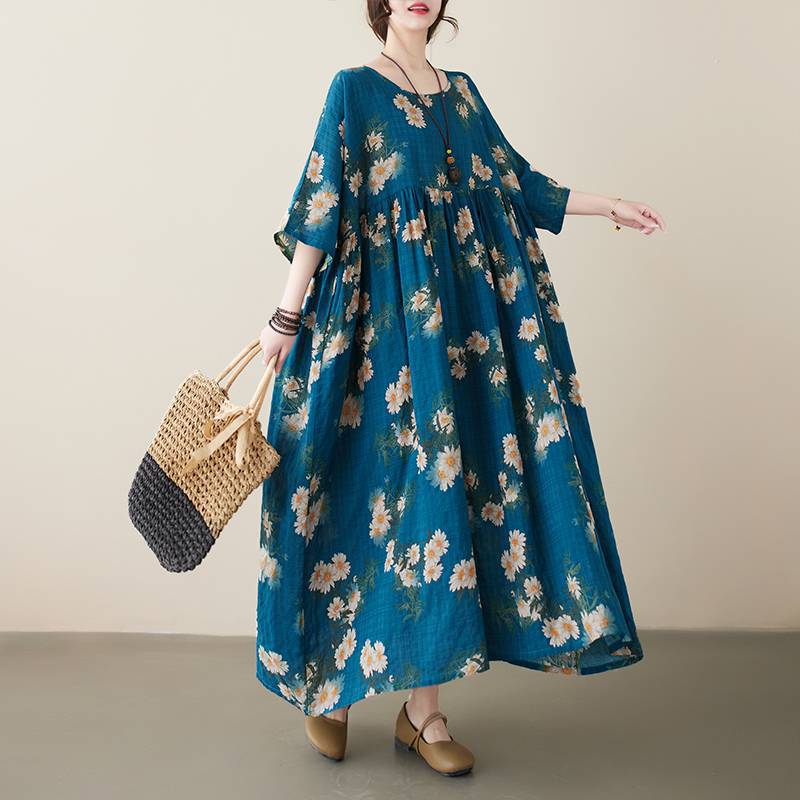 

Johnature Женское весеннее модное винтажное свободное платье в китайском стиле с короткими рукавами и круглым вырезом One Size синий