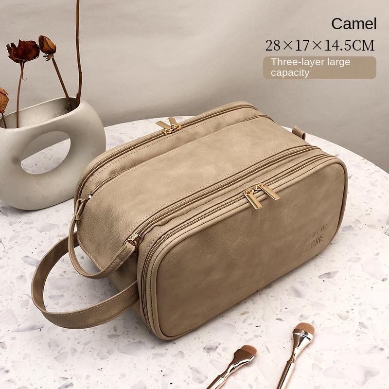 

New double zipper makeup bag with large capacity portable Handheld cosmetic bag travel essential waterproof makeup organizer коричневый