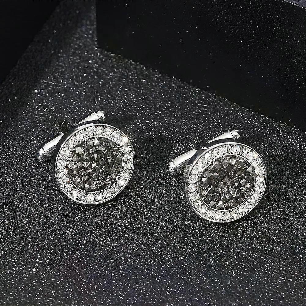 2 Stück / Set Neues High-End Mode Herren Hemd Kristall Manschettenknöpfe Luxus Design Silbern Rund Blaue Strasssteine Manschettenknöpfe