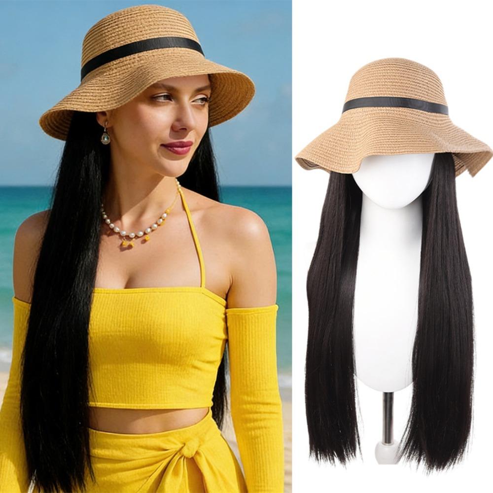 Sun Protection Summer Straw Sun Hat Wig Breathable Long Straight Hair Travel