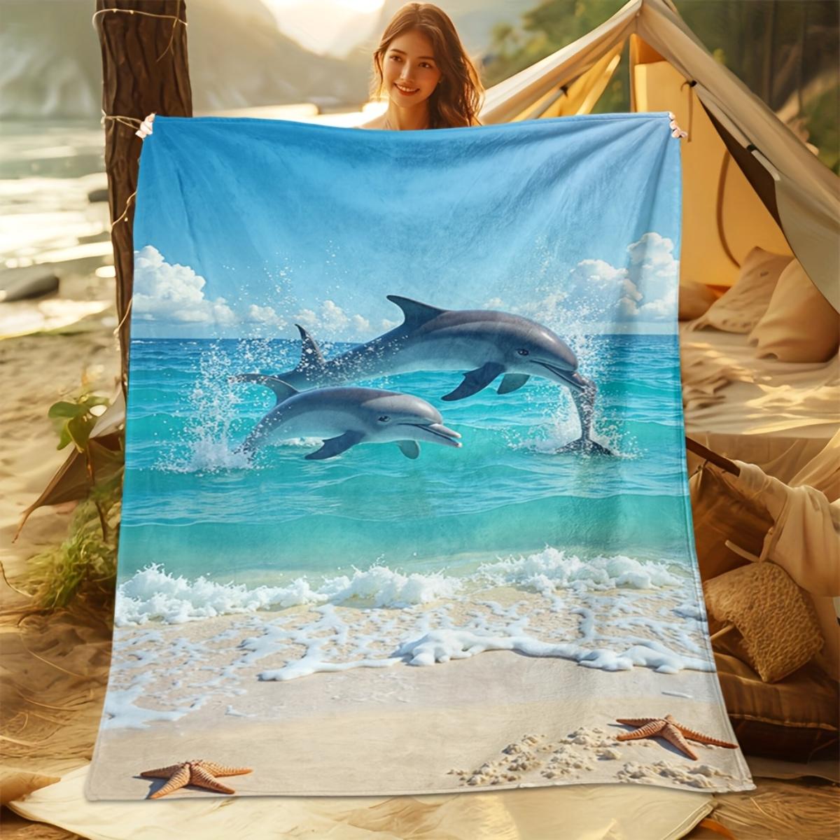A cozy dolphin-themed flannel blanket - soft and warm, perfect for camping, sofas, beds, and chairs, a great holiday gift for 130x150cm