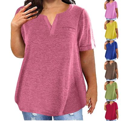 Women's Large Size T-Shirt Casual Solid Color V-Neck Short Sleeve Pocket Top