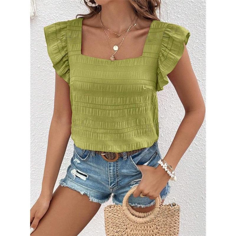   Women's Square Neck Ruffle Sleeve Crop Top Textured Casual Summer Tops