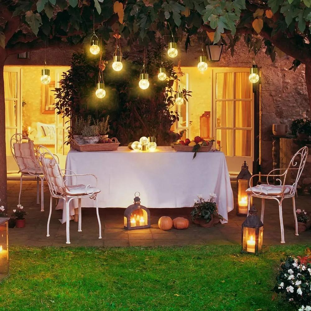 12Pcs Solar Powered Outdoor Hanging Lights Colorful LED Cracked Glass Ball Design Waterproof Pathway Lantern for Garden Decor