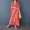Dimanaf 2025 Plus Size Summer Women Floral Printing Long Dress Short Sleeve Vintage Casual Linen V-Neck Basic Loose Dress
