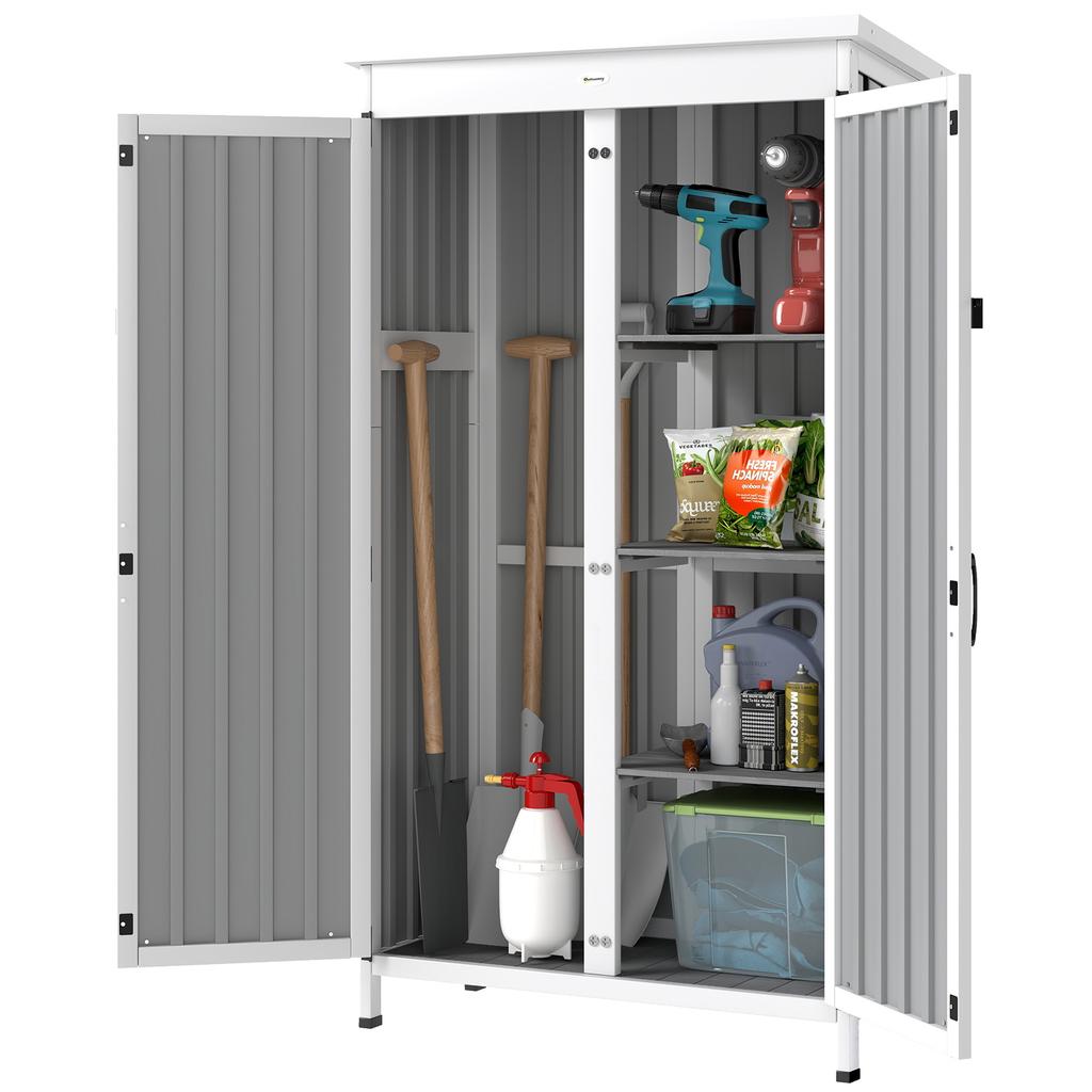 Outdoor Storage Cabinet with Removable Shelves, Garden Tool Shed with Asphalt Roof, White and Black