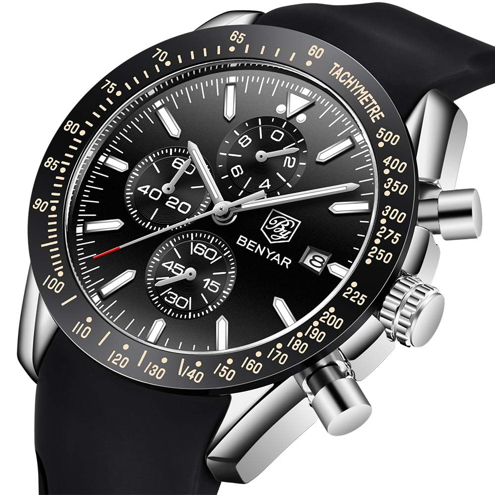 BY BENYAR 30M Water Silicone Quartz Gift for Men Men's Watch, Chronograph, Analog, Resistant, Business, Simple, Stylish, Popular, Formal, Strap,