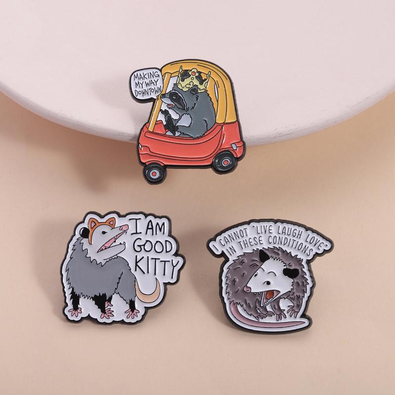 Funny Opossum Animal Enamel Pins I Can't Live Laugh Love In These Conditions I Am Good Kitty Brooches Lapel Badge Jewelry Gifts