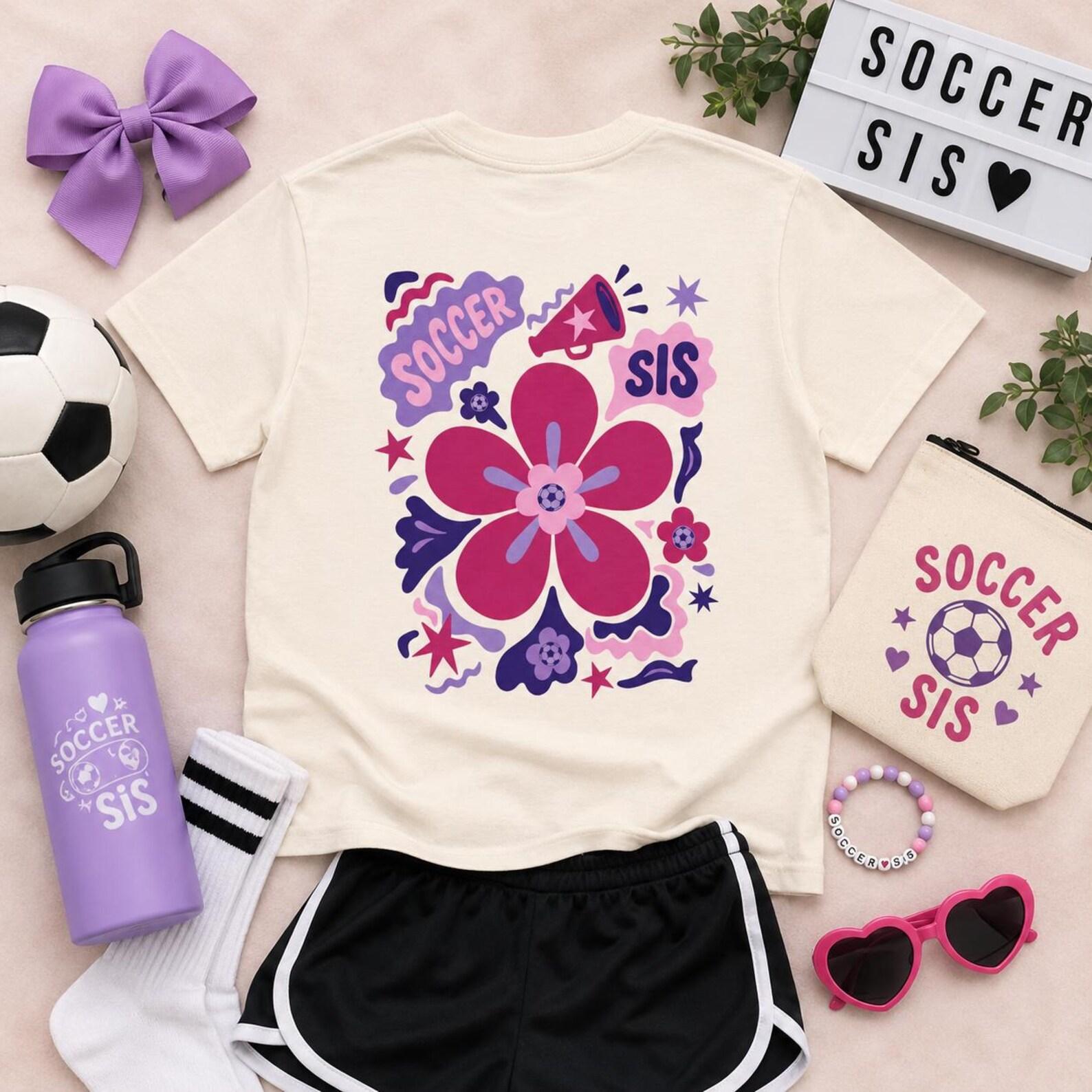 Soccer Sis Flower Design Youth Tee | Pink Purple Soccer Shirt 2XL