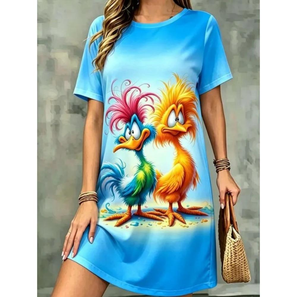 Summer Cartoon Animal 3d Print Plus Size Loose Dresses Fashion Comfortable Breathable Dresses Women Casual Vacation Round Neck Short Sleeved Dresses