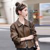 Coffee Leather Jacket Women's Short Spring and Autumn New Small Retro Casual Motorcycle Jacket Leather Jacket