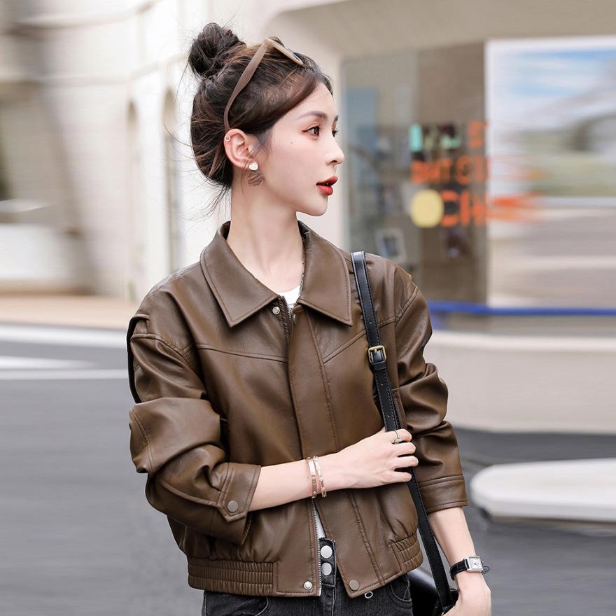 Coffee leather jacket women's short spring and autumn new small retro casual motorcycle jacket leather jacket