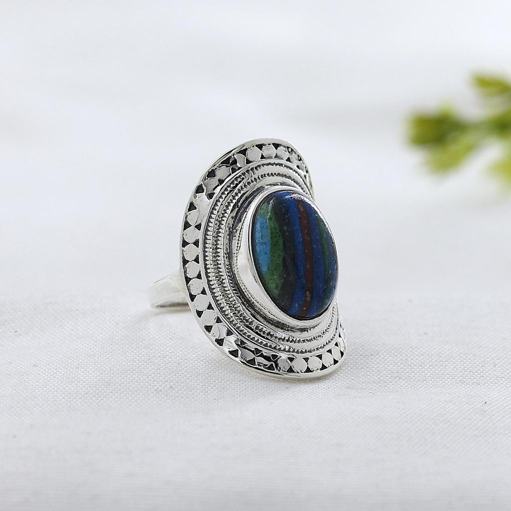 Rainbow Calsilica Silver Ring, Pure 925 Sterling Silver Handmade Jewelry, Silver Women Jewelry Ar8943