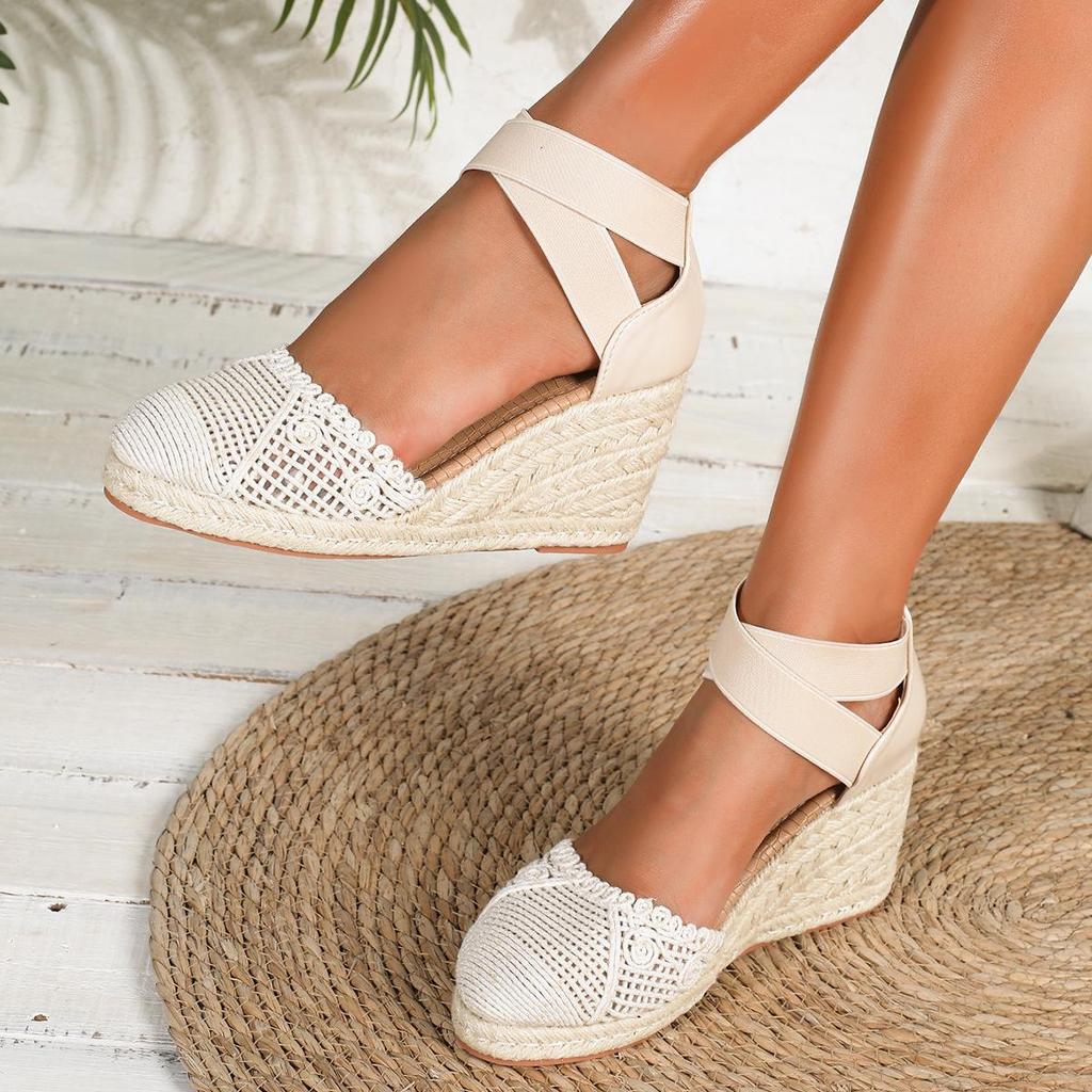 Women's Plus Size High Heel Straw Woven Sandals - Thick Sole, Height Increasing, Single Strap, European & American Style.